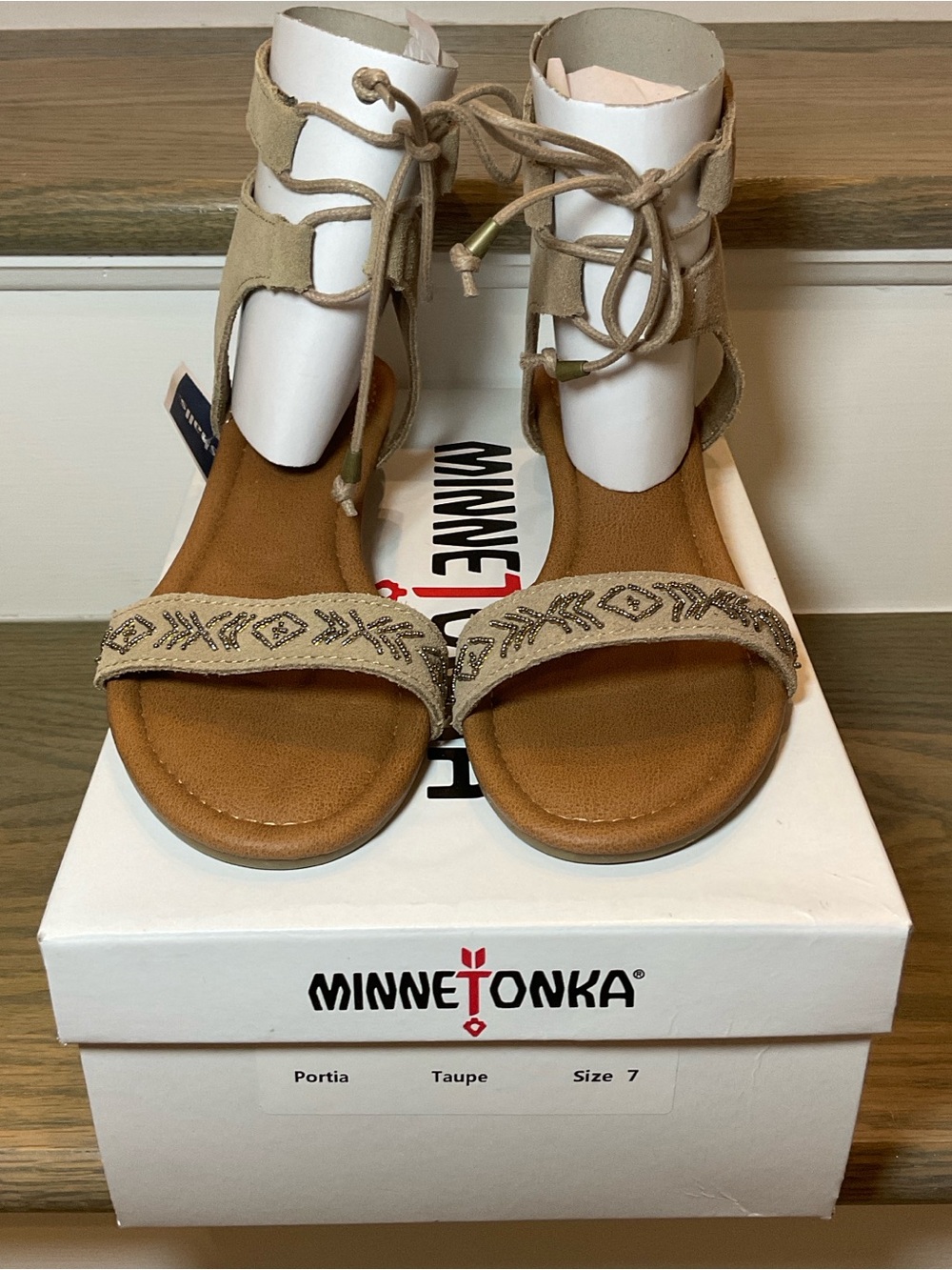 Minnetonka Taupe Suede Embroidered Lace-Up Ankle Sandal (7) - Picture 11 of 12